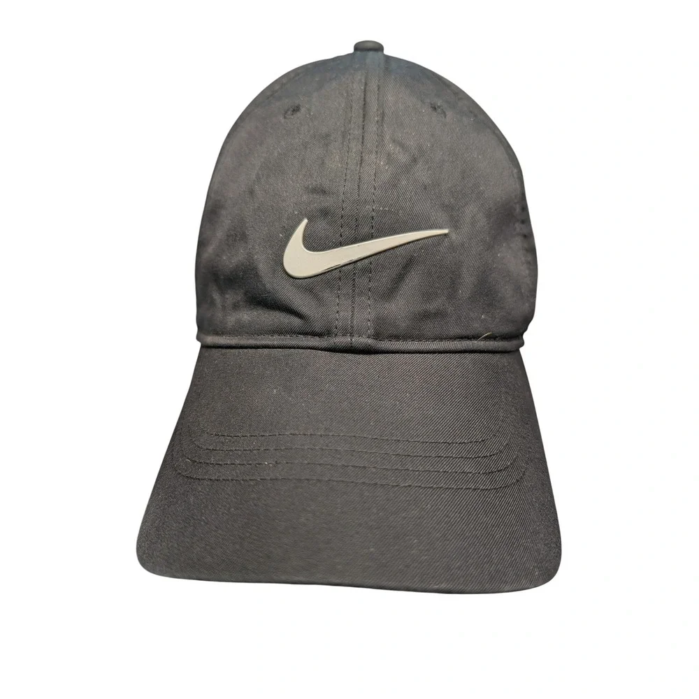 Nike Black Baseball Cap Metal Swoosh Logo Adjustable Strap Hat Mens Womens